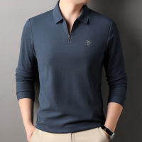 100棉双面珠地男士polo衫2025春季新款翻领半拉链款长袖全棉T恤男