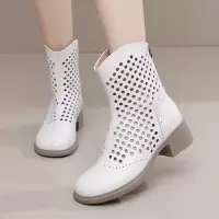 2025春夏季新款款圆头真皮透气镂空女鞋舒适软底洞洞鞋女中跟凉靴