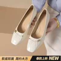 2025春季真皮新淑女风方头中跟粗跟金属褶皱浅口43大码舒适单鞋女
