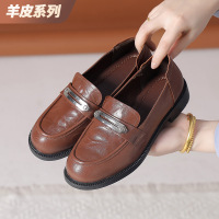 2025春秋新款圆头一脚蹬复古羊皮压花单鞋英伦风休闲软底乐福鞋女