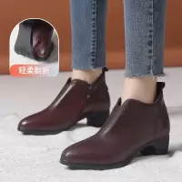 2025春秋新款短靴女软底真皮粗跟尖头中跟单靴后拉链43码大码短靴