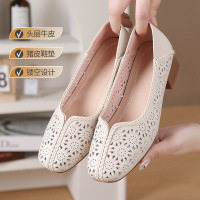 25春夏洞洞鞋浅口简约圆头中跟女鞋头层牛皮镂空复古软底大码凉鞋
