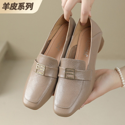 乐福鞋女2025春秋季羊皮方头深口套脚闰月单鞋中跟软底皮鞋工作鞋