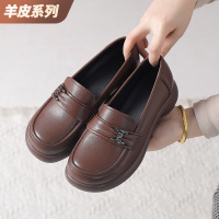 圆头一脚蹬乐福鞋女25春款羊皮金属扣粗跟厚底闰月单鞋复古小皮鞋