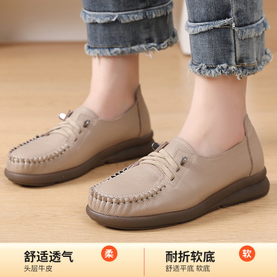 复古小皮鞋女2025春秋季真皮系带单鞋软底牛皮豆豆女鞋休闲厚底鞋