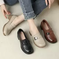 真皮女鞋2025春季新款一脚蹬软底乐福鞋软底方头金属扣闰月小皮鞋