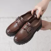 真皮英伦风小皮鞋女2025春新款厚底软底小码复古百搭皮带扣乐福鞋
