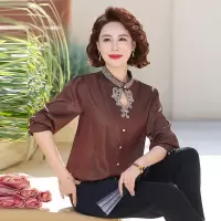 中老年女装50岁长袖衬衣妈妈装缎面小衫时尚中年女蕾丝拼接衣服春