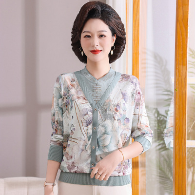 春秋妈妈装时尚洋气中老年针织衫薄款衣服60岁40中年上衣女装印花