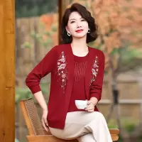 春装新款妈妈装上衣女40-60岁拼接中老年小衫女假两件针织线衫女