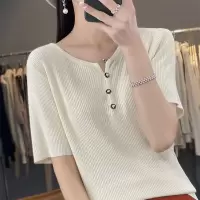 23夏季女V领针织短袖宽松短款上衣薄款百搭T恤套头打底抽条中袖