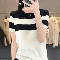 24年夏季新款圆领冰丝针织衫短袖T恤女薄款气质减龄撞色条纹上衣