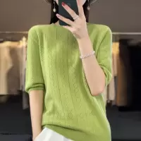 五分袖针织打底衫女圆领套头宽松半袖体恤上衣镂空钩花中袖毛衫新