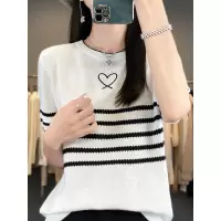 冰丝拼色短袖T恤女24撞色短款半袖体恤桃心针织横条纹女上衣