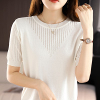 夏季女圆领针织短袖宽松纯色短款上衣时尚百搭T恤套头打底半袖