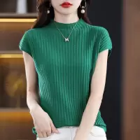 夏季新款半高领羊毛短袖女性感背心纯色宽松T恤上衣半袖打底