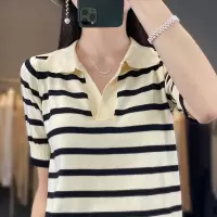 夏季新款短袖女冰丝超薄透气条纹POLO领半袖修身显瘦百搭棉麻T恤