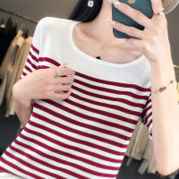 年夏季新款U领冰丝撞色条纹针织衫短袖女T恤气质宽松显瘦上衣