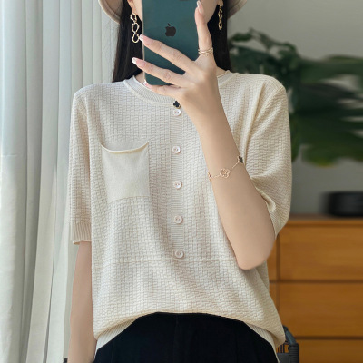 年夏季新款冰丝圆领针织短袖女带兜纽扣纯色宽松百搭打底上衣