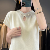 年夏季新款新中式国风冰丝立领针织衫女短袖盘扣纯色宽松上衣
