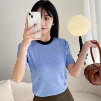 拼色圆领短袖精纺羊毛针织衫女夏季韩系小众设计感短款上衣薄