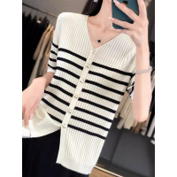 新法式V领条纹短袖针织开衫女夏季新款气质减龄遮肉显瘦百搭上衣
