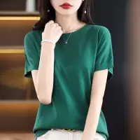 时尚洋气亮丝薄款冰丝短袖T恤女夏季宽松显瘦圆领金银丝针织衫