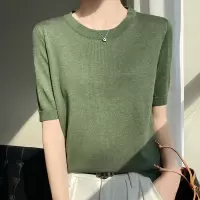 春夏精纺薄款天丝羊毛短袖女宽松圆领T恤纯色大码针织衫半袖