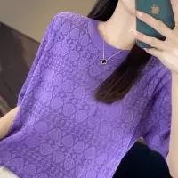 春夏薄款镂空中袖针织衫女新款五分袖圆领宽松外穿半袖提花打底衫