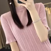 法式羊毛短袖女薄款夏季圆领T恤宽松镂空精纺针织衫半袖上衣