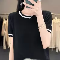 短袖宽松拼色针织衫冰丝上衣女新款春季套头圆领三分袖打底薄