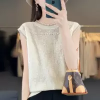 精纺羊毛背心蕾丝钉珠打底衫春夏无袖上衣女半高领镂空针织衫