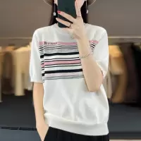 韩版夏季新款条纹绢丝针织衫女短袖设计感小众薄款半袖显瘦潮