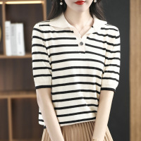 polo衫短袖T恤女夏季年新款100棉线针织薄款设计感小众上衣