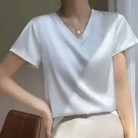 丝绸缎面2025春夏季新女短款宽松v字领纯色气质简约内搭短袖T恤上