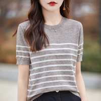 夏季新款条纹短袖女T恤圆领套头针织打底衫宽松薄款上衣简约