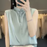 无袖衬衫背心女丝滑缎面叠穿衬衣夏季新款上衣木耳花边T恤夏