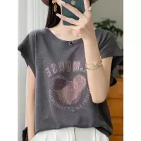 竹节麻短袖T恤女圆领夏季新款宽松百搭烫钻米奇头薄款针织衫上衣
