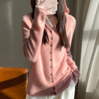 25春季新款一线成衣连帽开衫女纯色亲肤软糯毛衣复古慵懒外套上衣