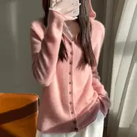25春季新款一线成衣连帽开衫女纯色亲肤软糯毛衣复古慵懒外套上衣