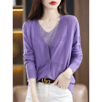 夏薄款镂空开衫女v领宽松长袖纯色包芯纱针织披肩外套空调衫