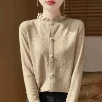 外套2025春夏新女短款木耳边半高领提花衬衣针织打底衫上衣