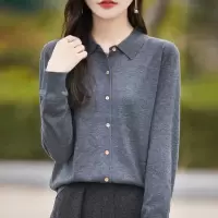 春秋精纺羊毛Polo领针织开衫女长袖翻领外套宽松显瘦软糯打底上衣