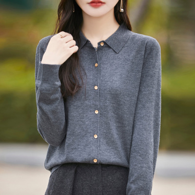 春秋精纺羊毛Polo领针织开衫女长袖翻领外套宽松显瘦软糯打底上衣