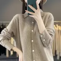 秋冬新款安迪绒针织POLO领女士衬衣开衫经典条纹百搭长袖打底衫潮