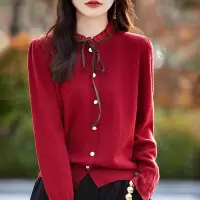 精纺羊毛开衫女早春款新款花边领镂空衬衫蕾丝打底衫长袖上衣