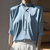 醋酸缎面开衫夏季新款女士立领衬衫五分袖简约百搭上衣短款外套