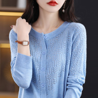 韩版早春精仿羊毛开衫女镂空宽松打底衫圆领长袖上衣纯色薄款外套