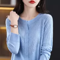 韩版早春精仿羊毛开衫女镂空宽松打底衫圆领长袖上衣纯色薄款外套