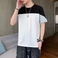 2025夏季新款男士短袖T恤ins时尚潮流圆领纯棉拼接上衣男
